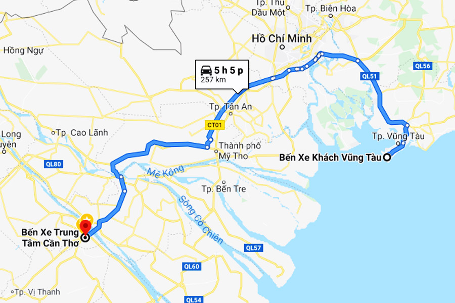 Hành trình của xe từ Bến xe Trung tâm Cần Thơ đến Bến xe khách Vũng Tàu