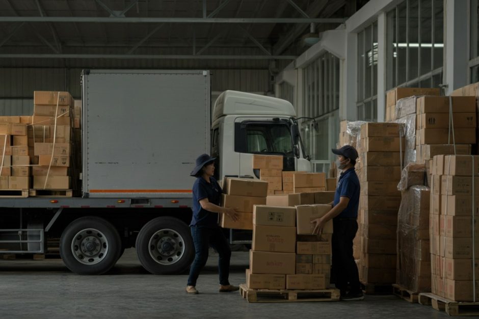 Kho vận chuyển hàng hóa với nhân viên xếp dỡ bưu kiện lên xe tải