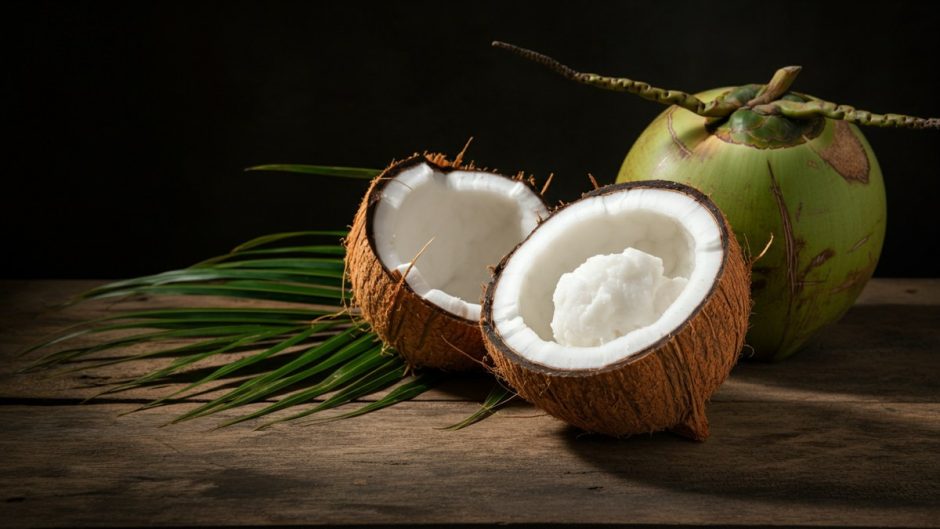 Dừa sáp Cầu Kè Trà Vinh bổ đôi lộ phần cơm dày đặc trưng