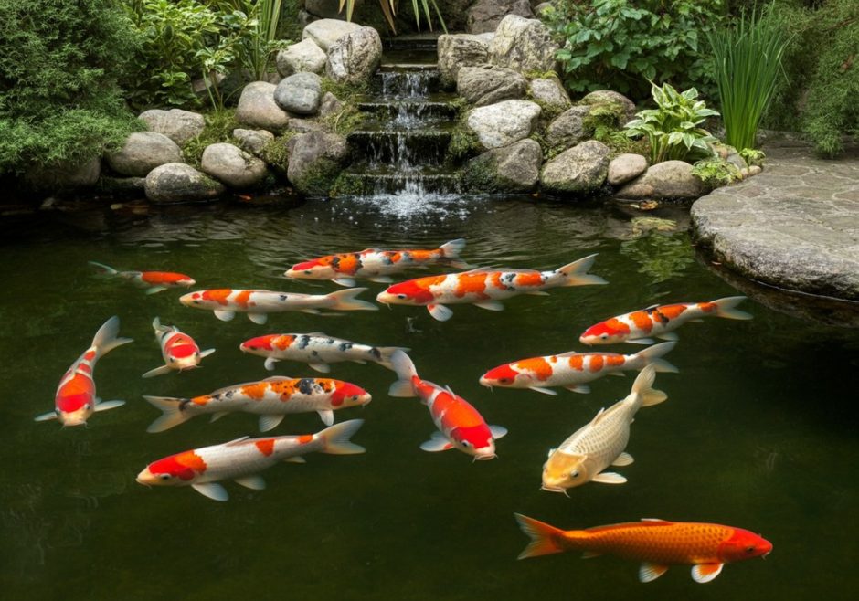Hồ cá Koi sân vườn với đá và cây xanh