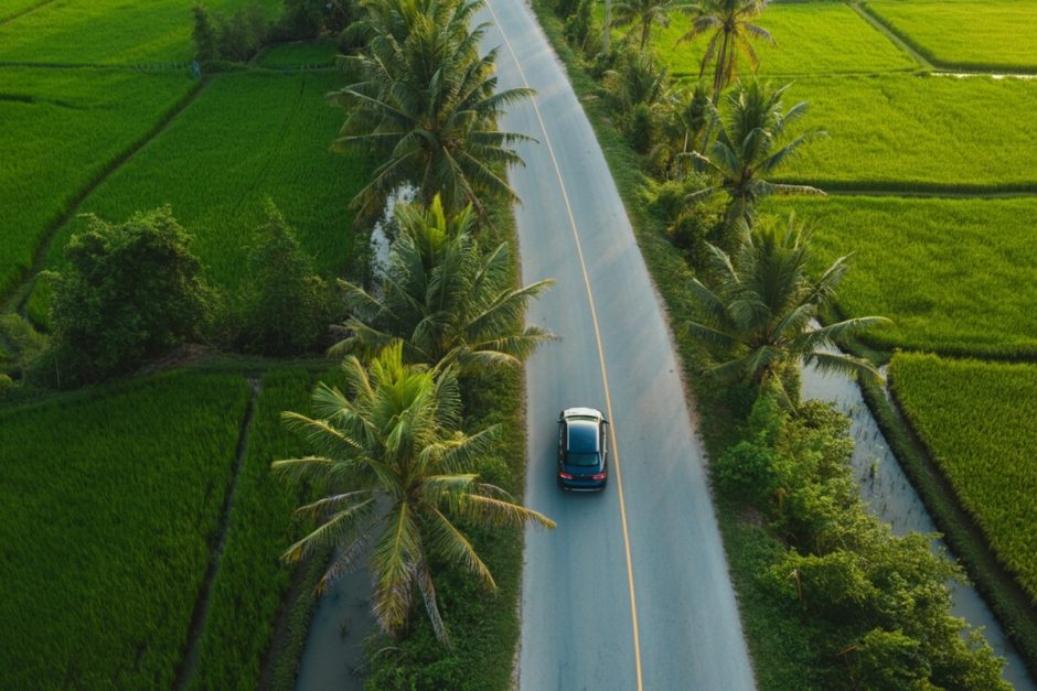 Xe ô tô chạy trên đường quê miền Tây nhìn từ flycam