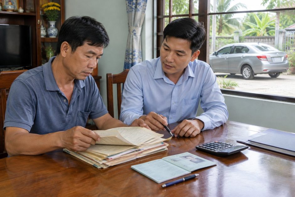 Chủ xe và chuyên viên xem chồng giấy bán xe cũ và sổ đăng ký trên bàn gỗ trong phòng khách ở Kiên Giang