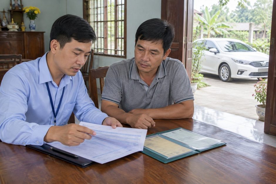 Chủ xe và chuyên viên cùng xem bảng kê dư nợ ngân hàng và hồ sơ xe trên bàn gỗ trong nhà ở Đồng Tháp