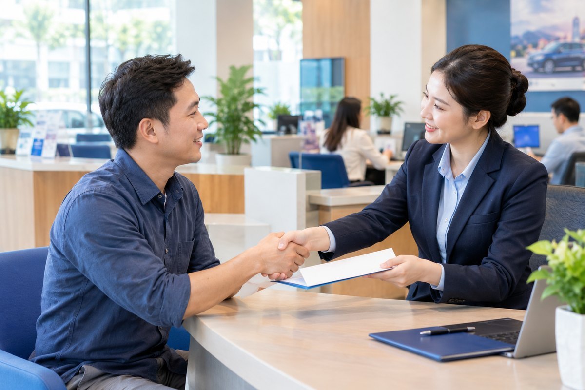 Chủ xe nhận lại bộ giấy tờ xe tại quầy sau khi hoàn tất thủ tục