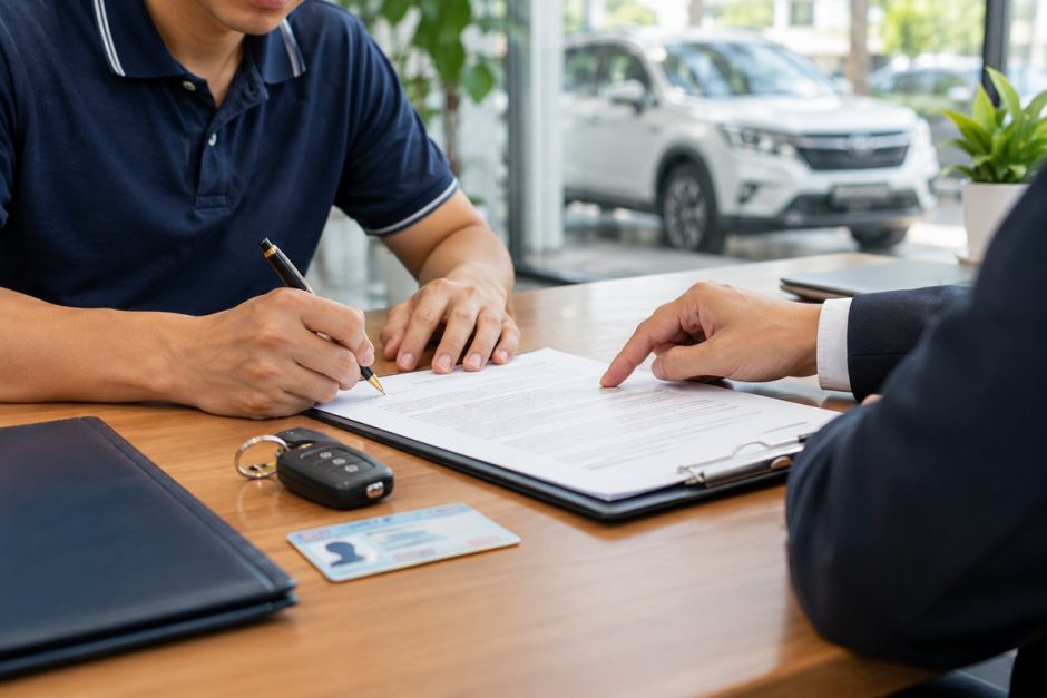 Chủ doanh nghiệp ký hợp đồng bán xe công ty tại bàn làm việc, chìa khóa và căn cước đặt cạnh