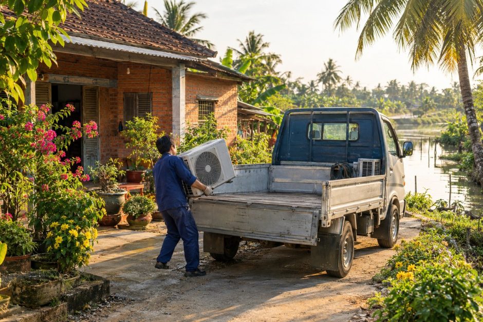 Kỹ thuật viên khiêng dàn nóng máy lạnh cũ lên xe tải nhỏ trước nhà gạch ven kênh