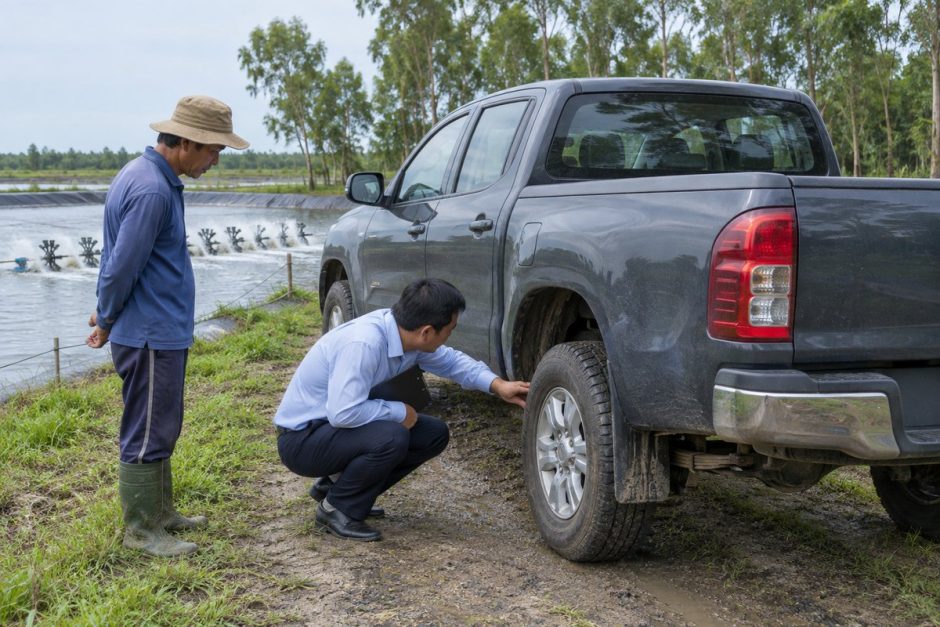 Chuyên viên kiểm tra nhíp sau và thùng chiếc bán tải xám bên ao nuôi tôm ở Cà Mau