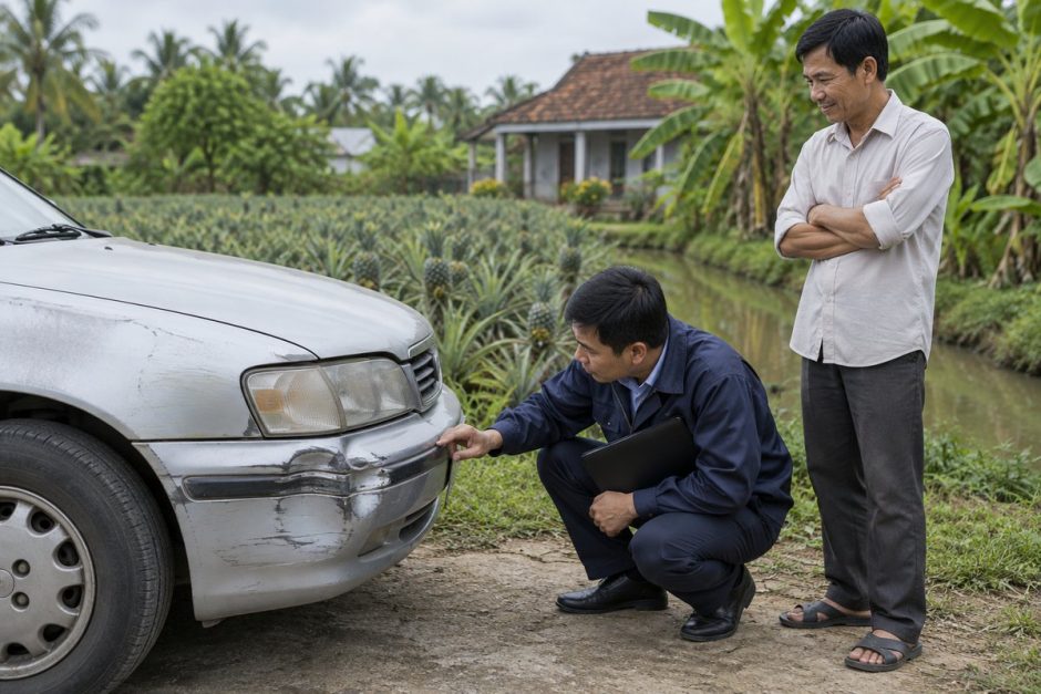 Chuyên viên kiểm tra chiếc ô tô cũ bị móp cản trước tại một khu vườn khóm ở Hậu Giang